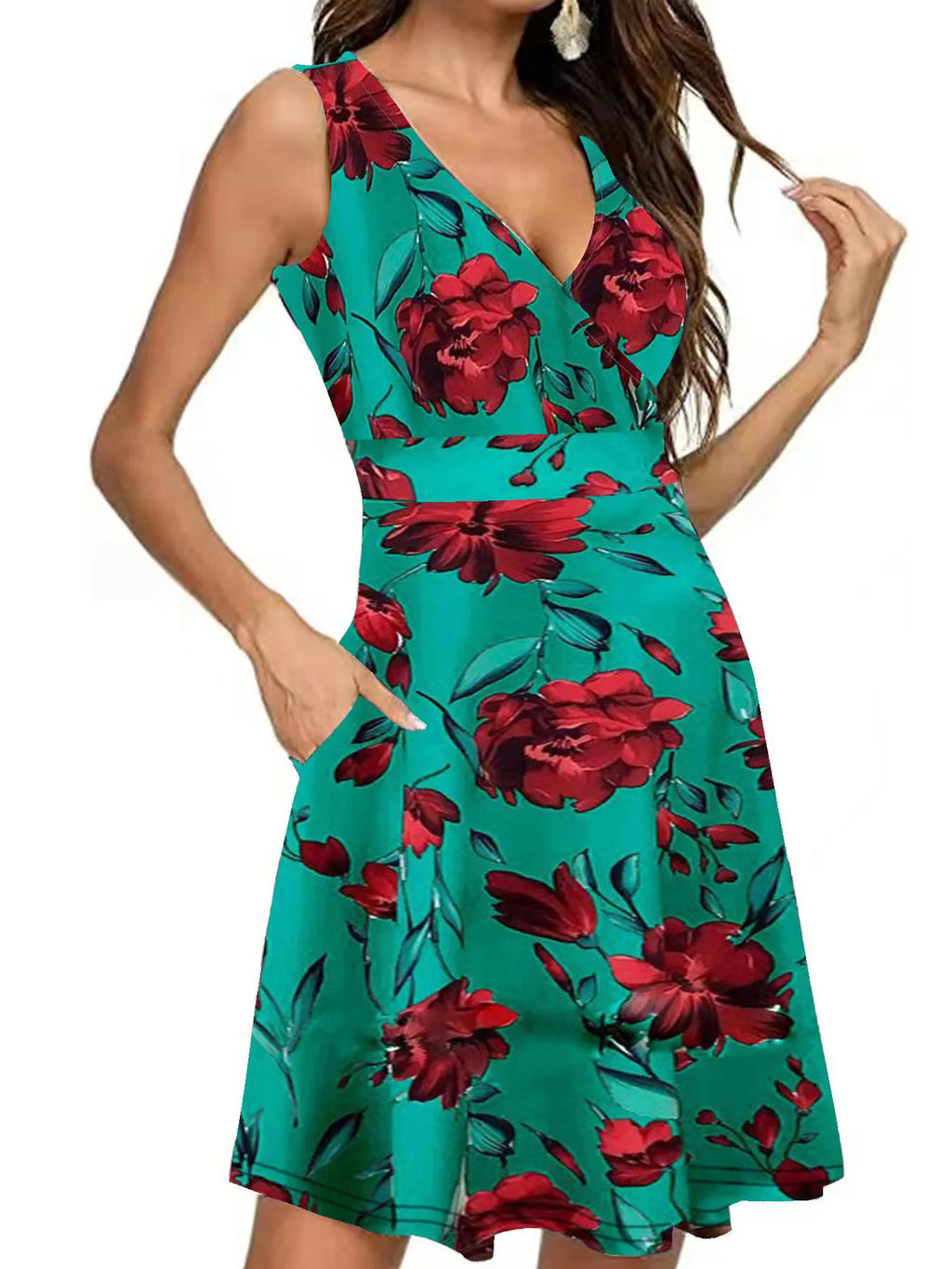 Printed Surplice Sleeveless Dress (6)