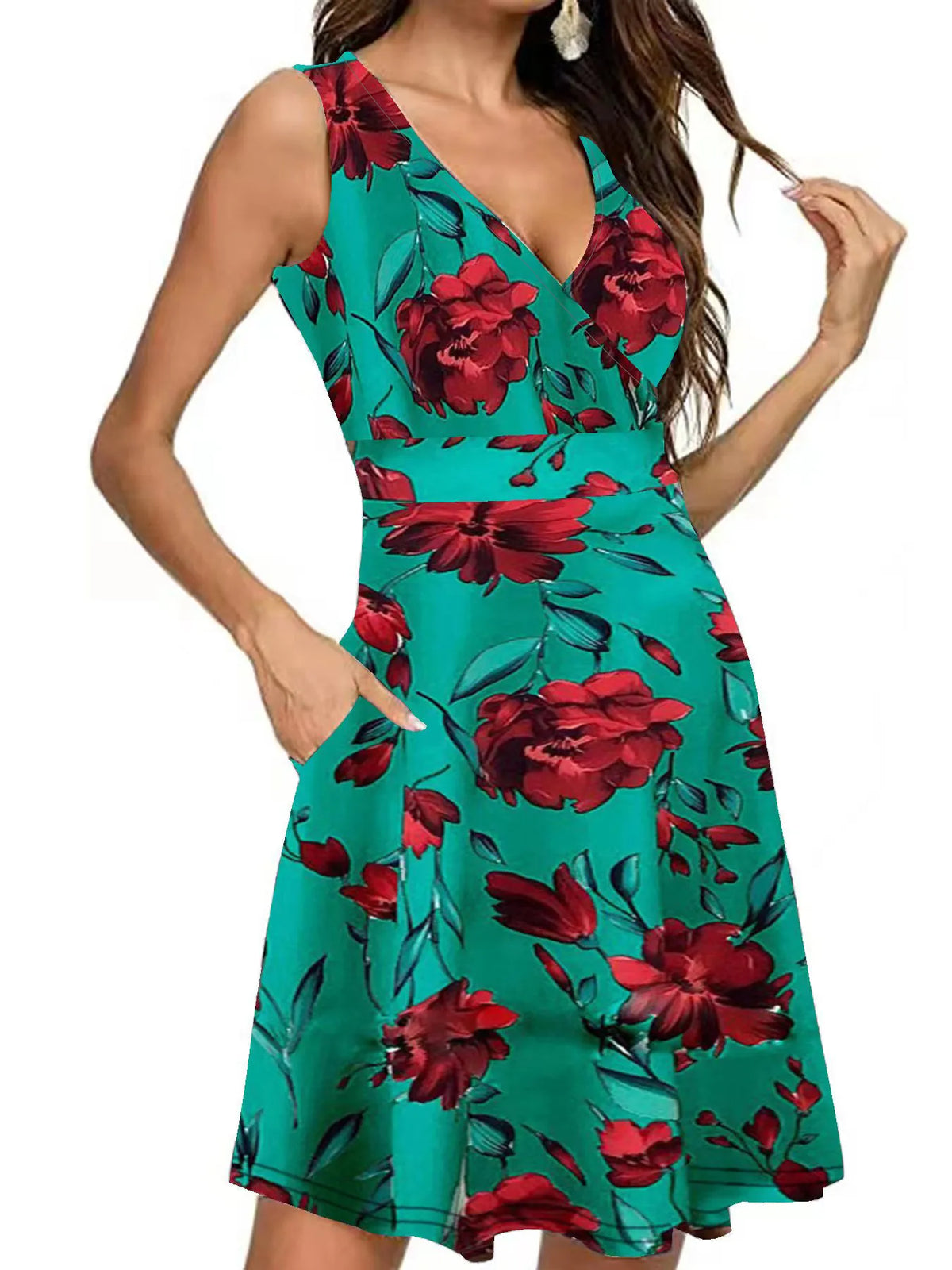 Printed Surplice Sleeveless Dress (6)
