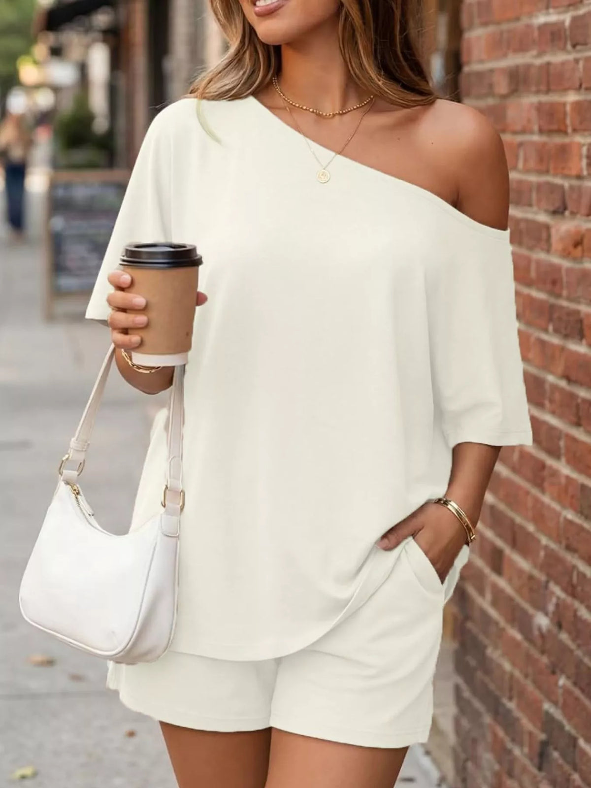 Full Size One Shoulder Top Shorts Set Plus (16)