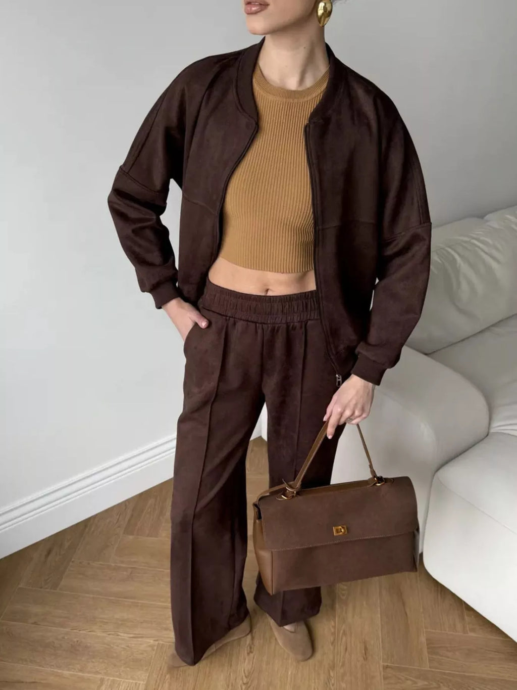 Zip Up Sweatshirt Wide-leg Pants Set (12)