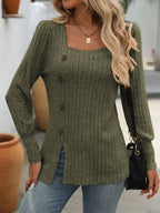 Decorative Button Striped Square Neck Long Sleeve T-shirt (13)