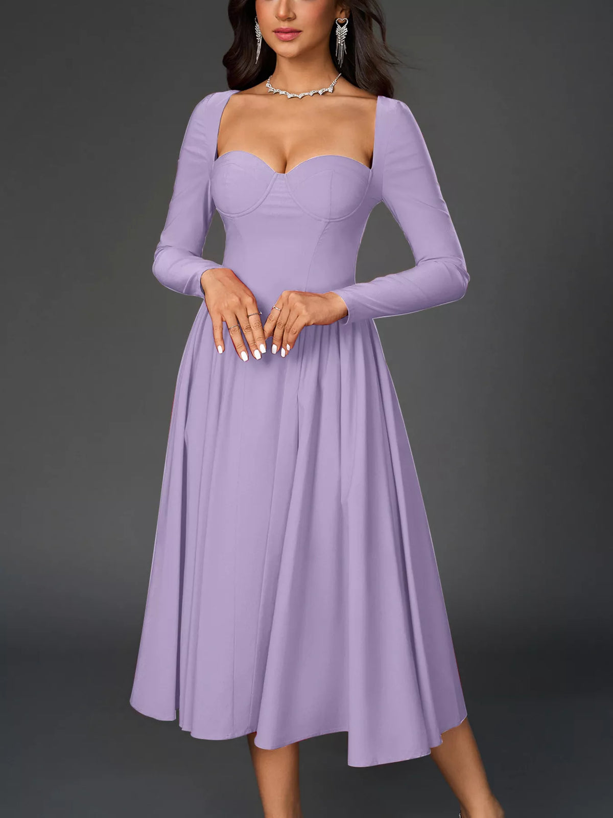 Sweetheart Neckline Long Sleeve A-line Midi Dress (24)