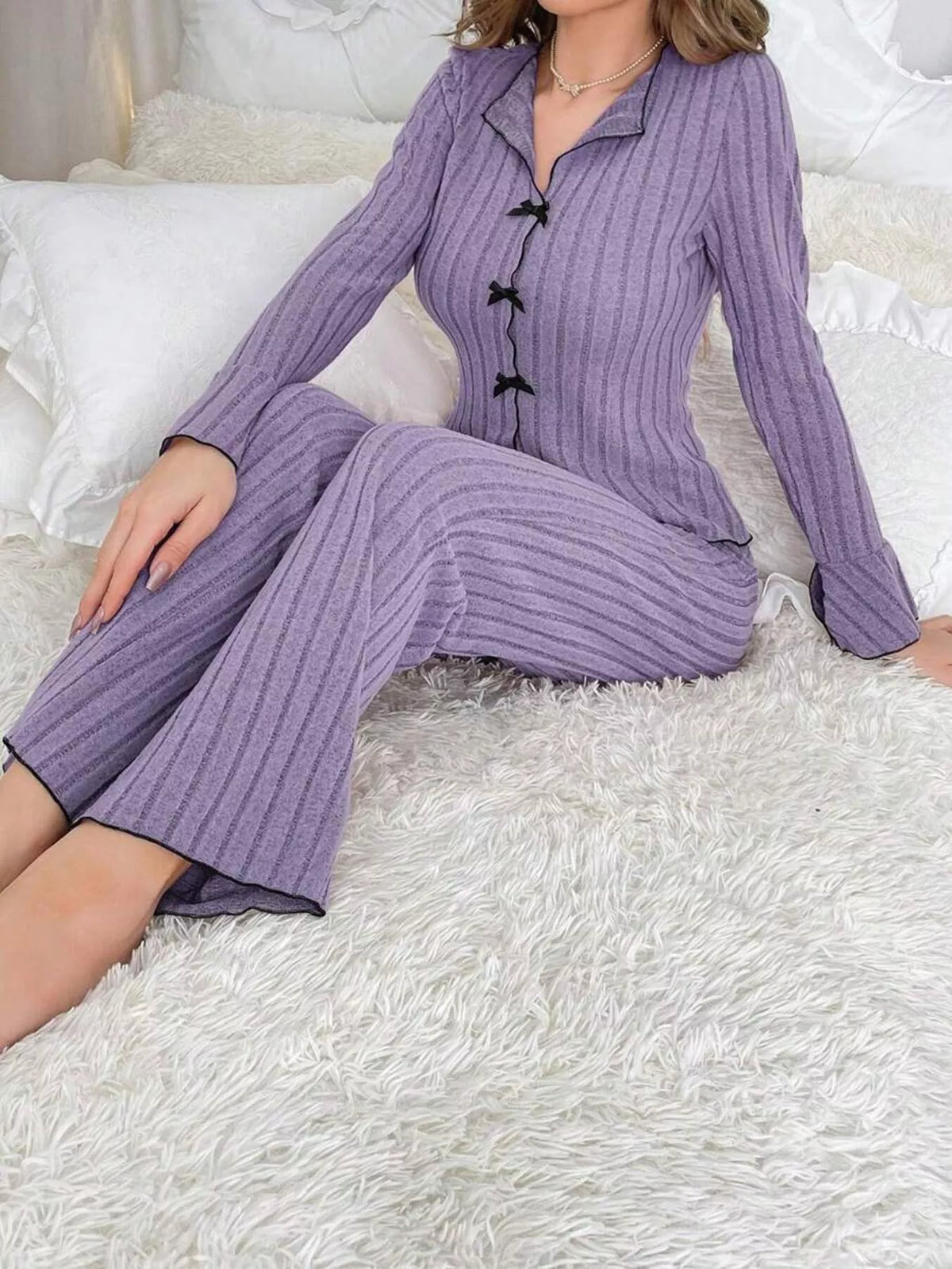 Contrast Bow Detail Top Pants Lounge Set (22)
