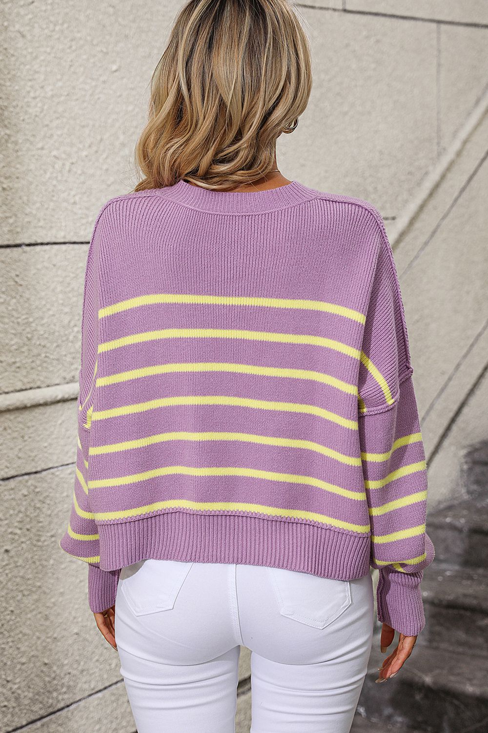 Striped Dropped Shoulder Round Neck Pullover Sweater (17)