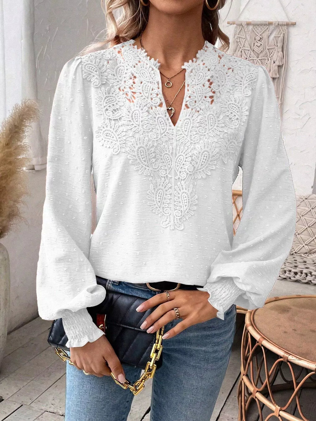 Lace Trim Long Sleeve Blouse (11)
