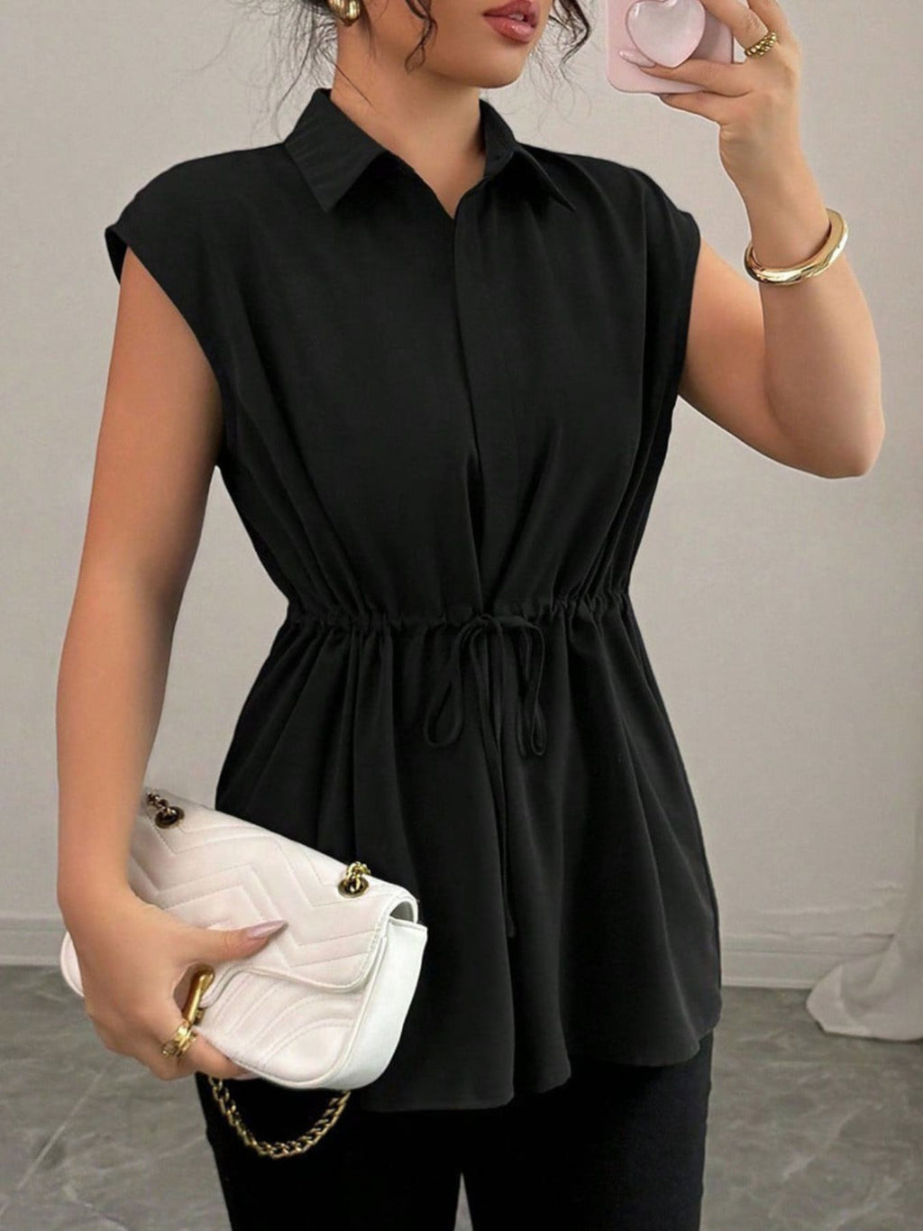 Drawstring Waist Cap Sleeve Shirt (13)