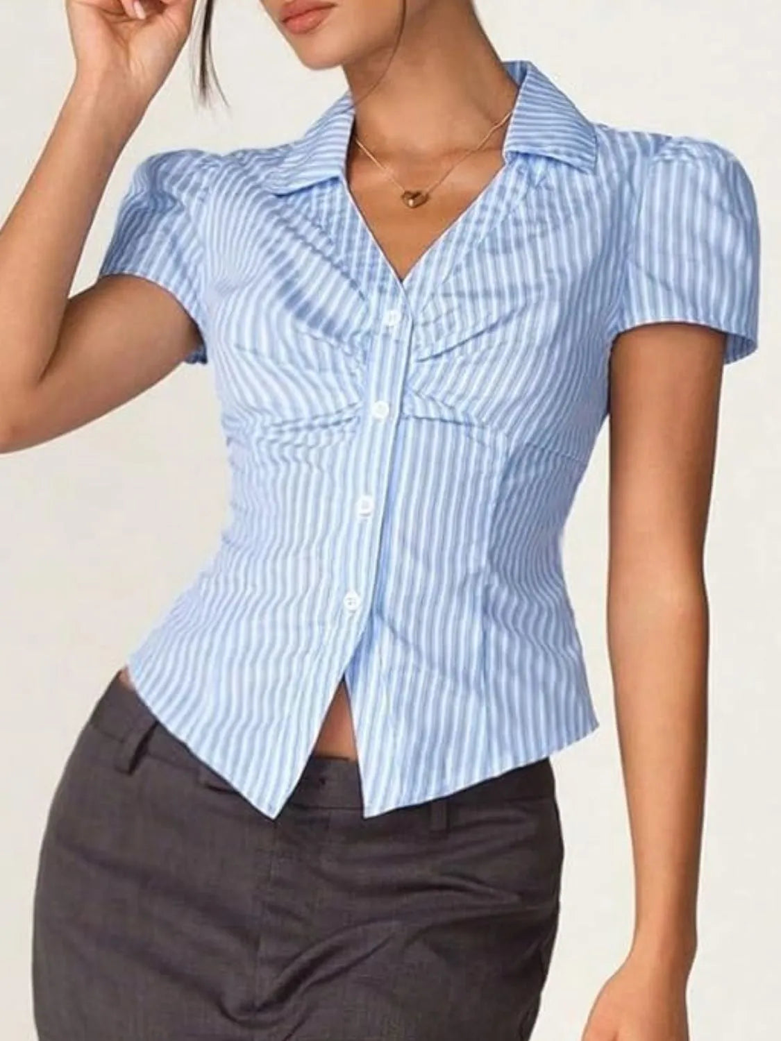 Striped Collared Neck Short Sleeve Shirt (8)