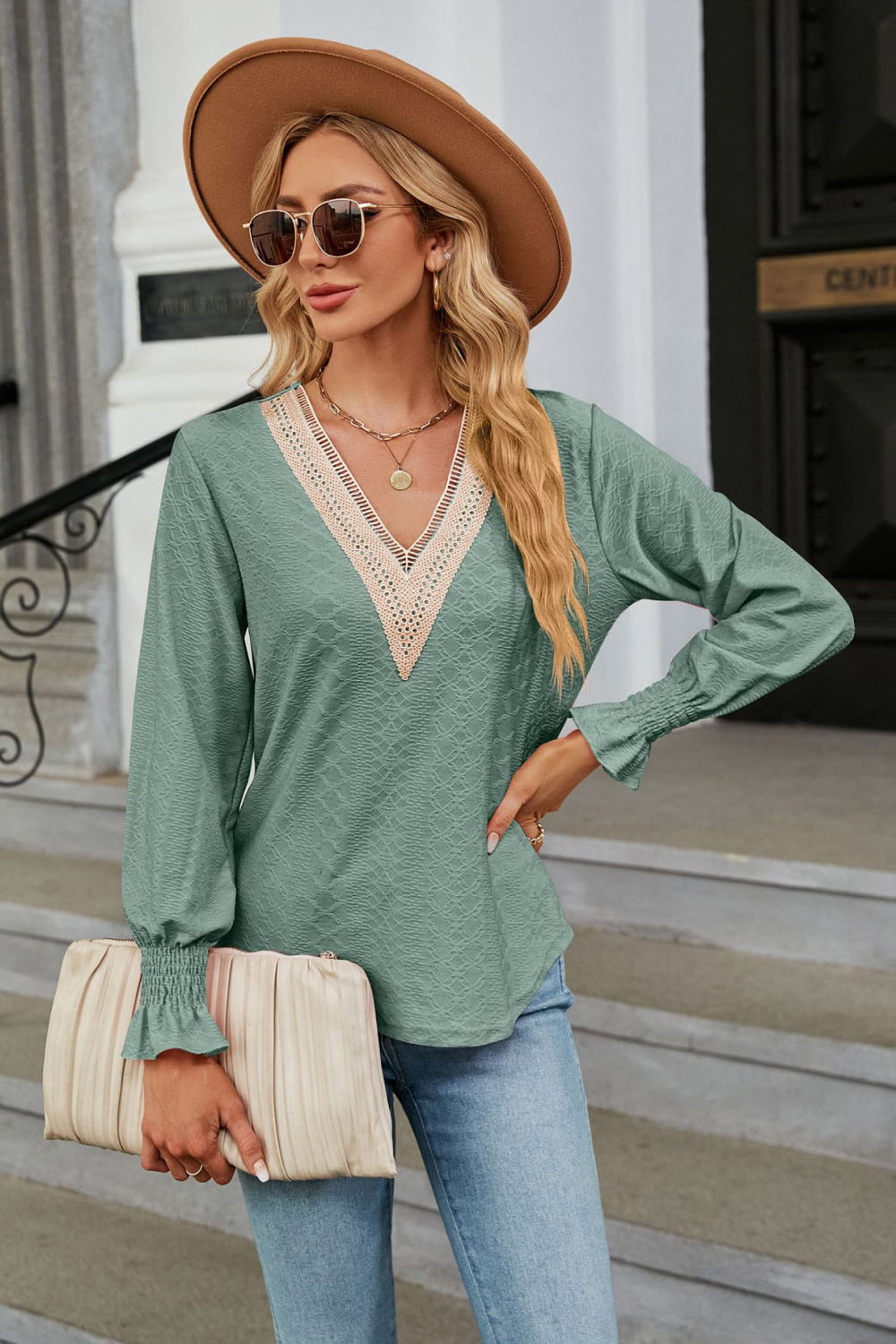 V-neck Flounce Sleeve Blouse (5)