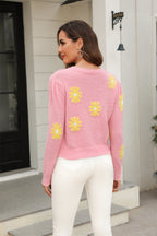 Flower Pattern Round Neck Short Sleeve Pullover Sweater (2)