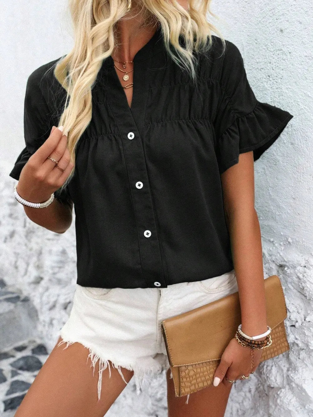 Button Down Ruffled Short Sleeve Shirt (15)