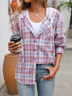 Plaid Button-up Hooded Shirt Chest Pocket (5)