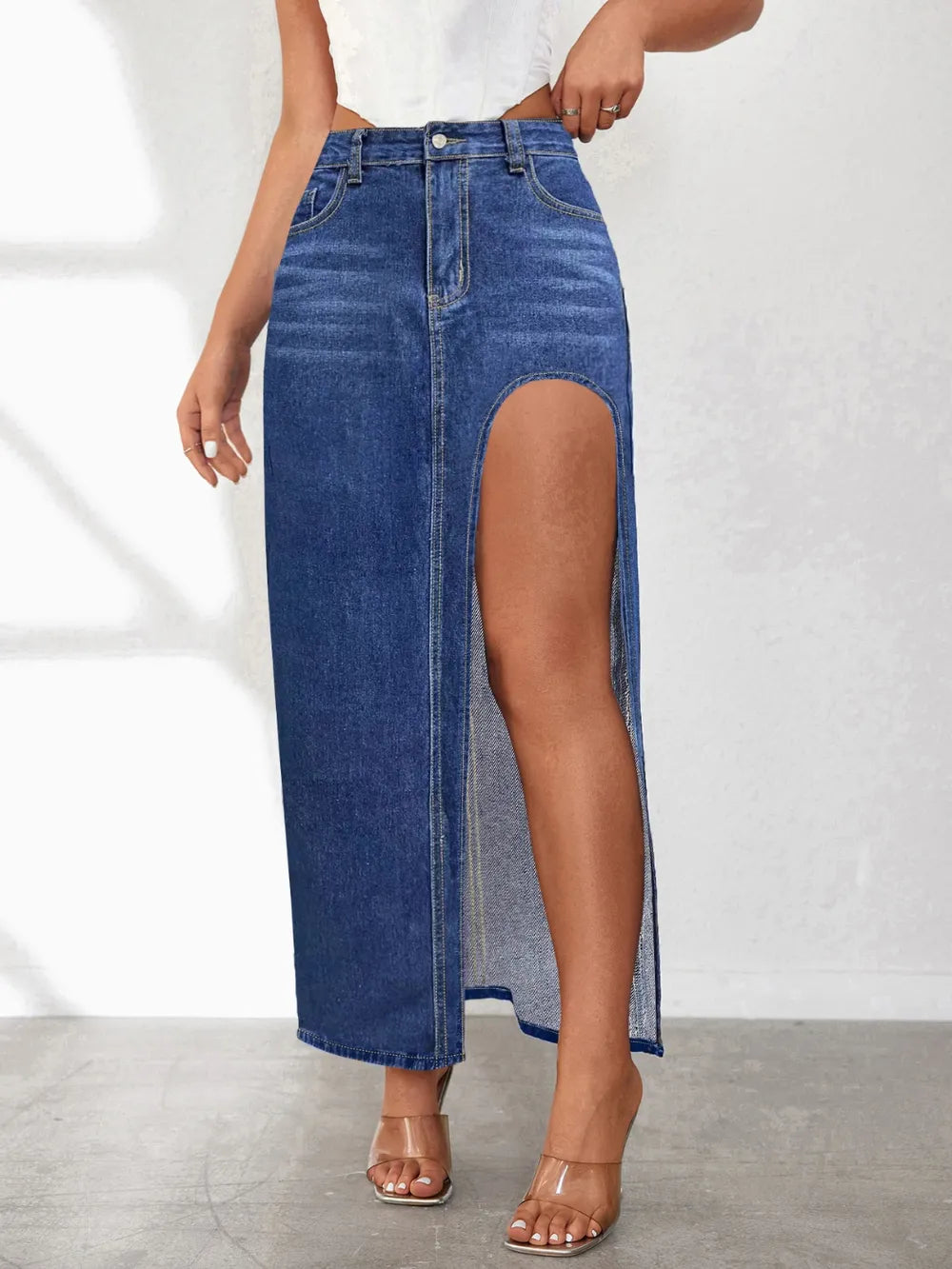 High Rise Slit Denim Skirt (8)