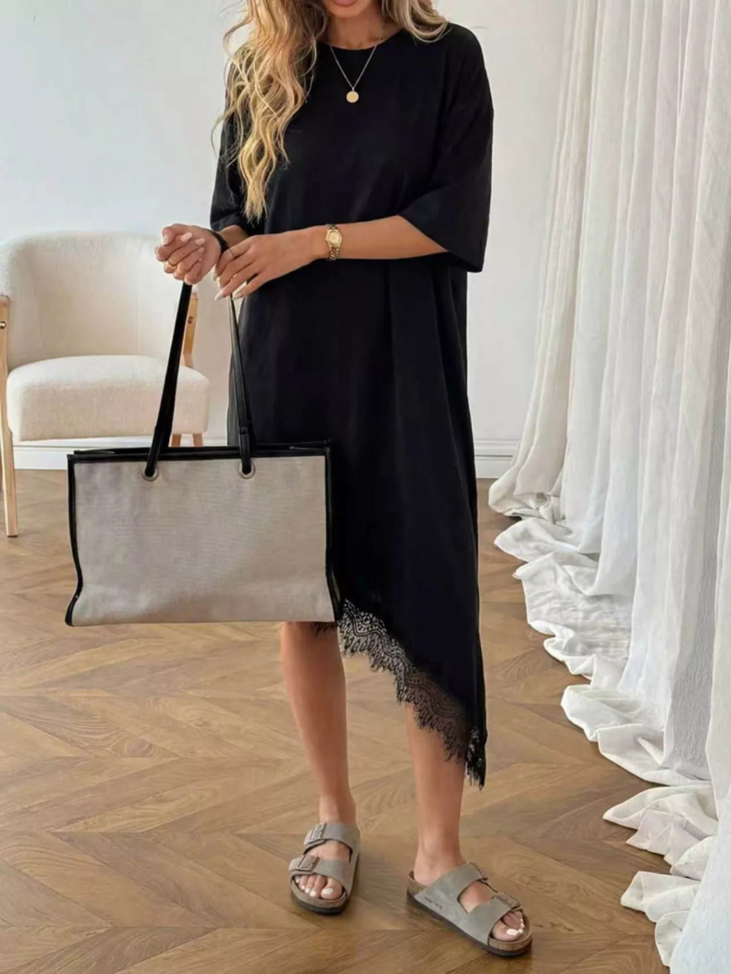 Lace Trim Asymmetrical Hem T-shirt Dress (10)