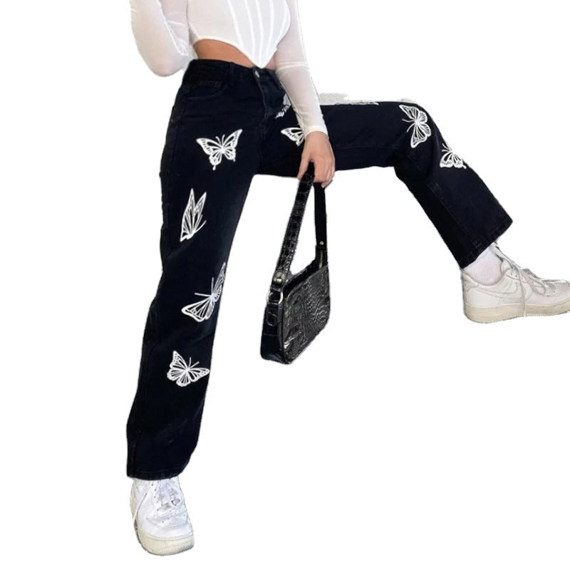 Butterfly Print High-waisted Straight-leg Jeans photo 1