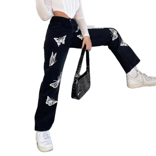 Butterfly Print High-waisted Straight-leg Jeans photo 1