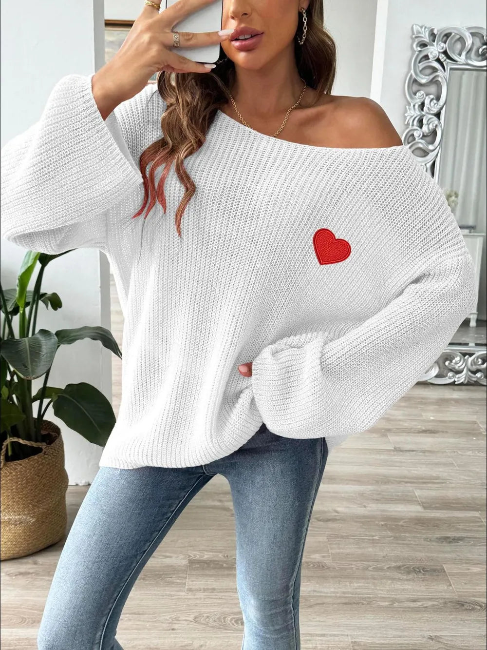 Heart Boat Neck Dropped Shoulder Sweater (6)