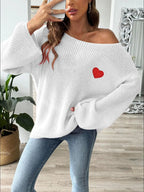 Heart Boat Neck Dropped Shoulder Sweater (6)