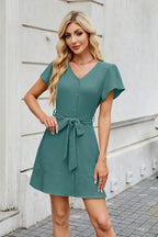 Tied Button Up Short Sleeve Mini Shirt Dress (18)