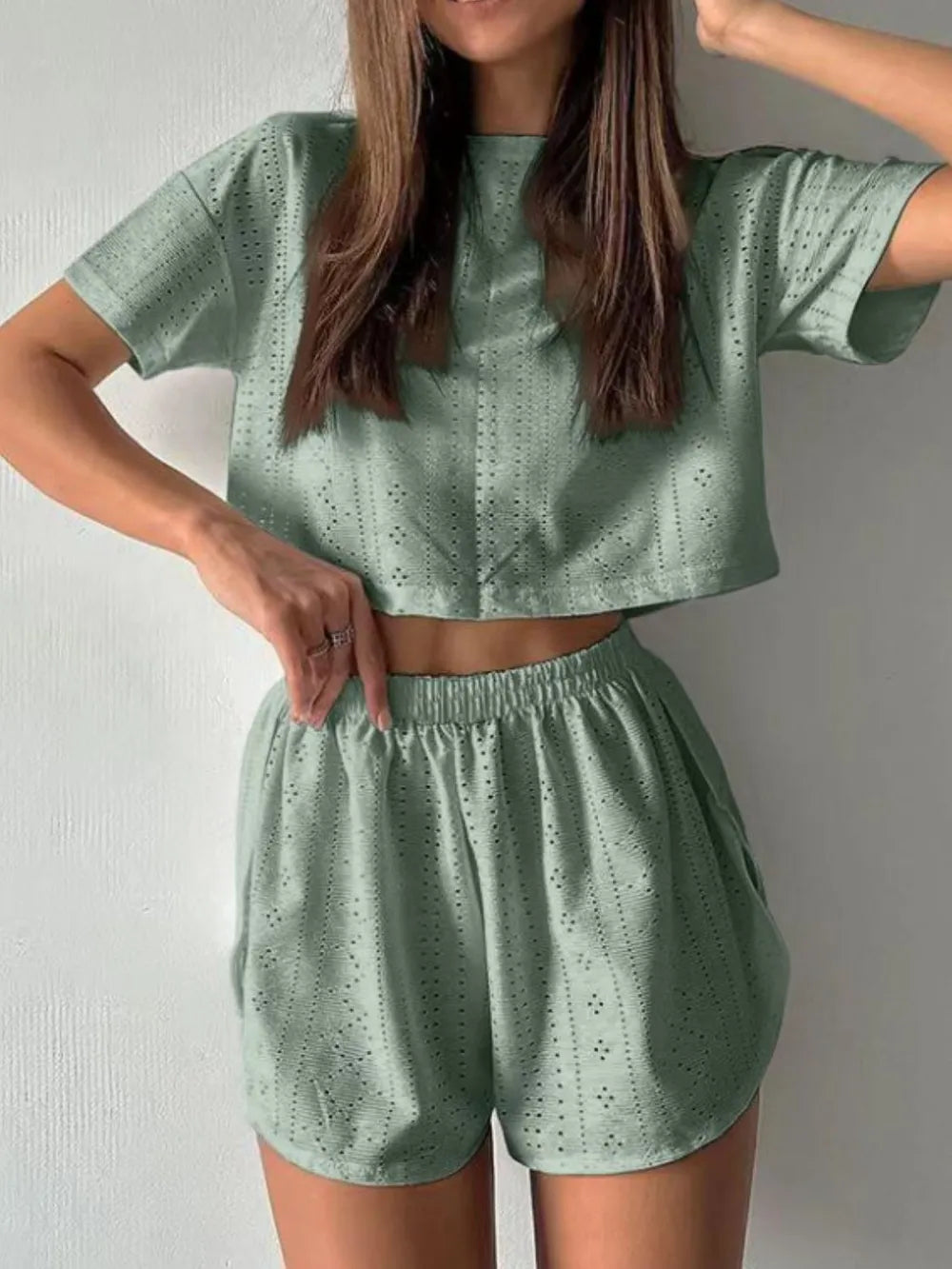 Eyelet Round Neck Top Shorts Set (11)