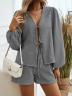 Tied Long Sleeve Top Shorts Set (6)