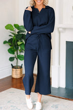 Textured Collared Neck Top Wide Leg Pants Set (16)