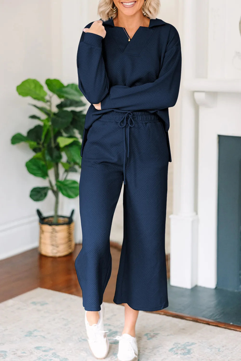 Textured Collared Neck Top Wide Leg Pants Set (16)