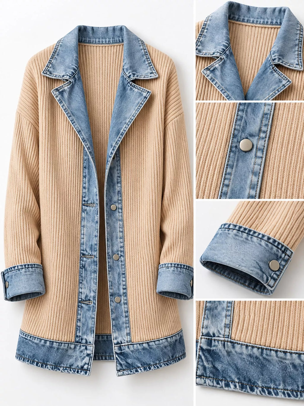 Full Size Denim Trim Ribbed Knit Cardigan Plus (36)