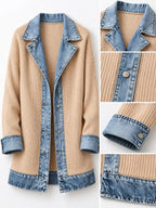 Full Size Denim Trim Ribbed Knit Cardigan Plus (36)