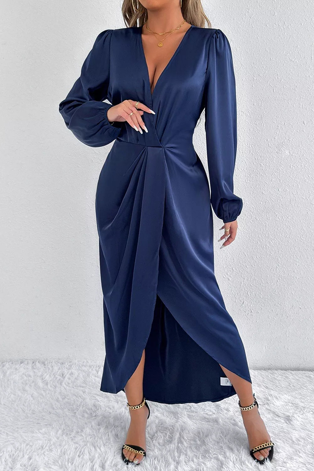Satin Balloon Sleeve Midi Dress (7)