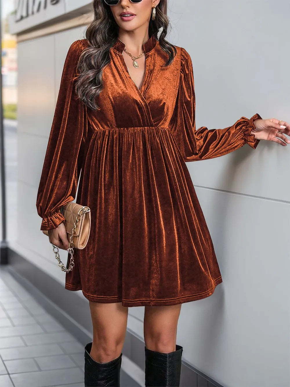 Ruched Surplice Long Sleeve Mini Dress (13)