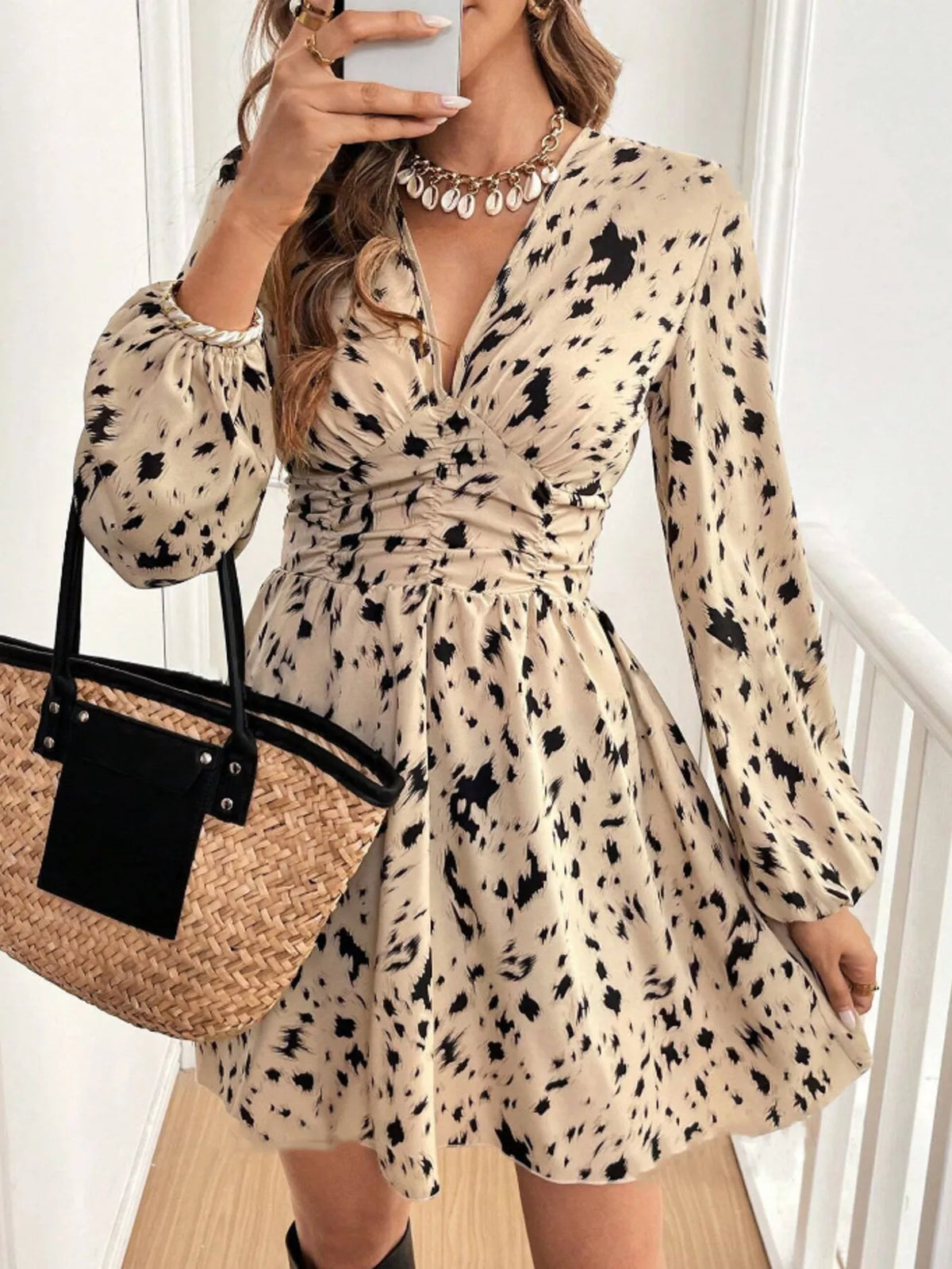 Printed Balloon Sleeve Mini Dress (3)