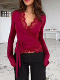 Lace-trimmed Long Sleeve Wrap T-shirt (7)