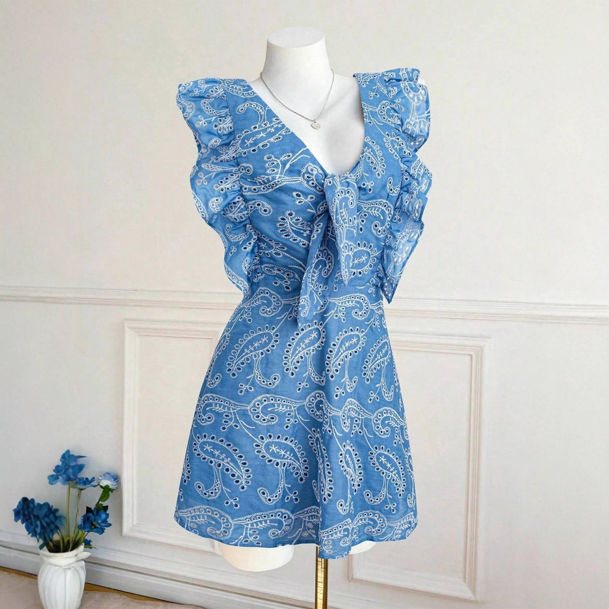 Casual Blue V-neck Embroidered Lace Dress Vacation Leisure photo 4