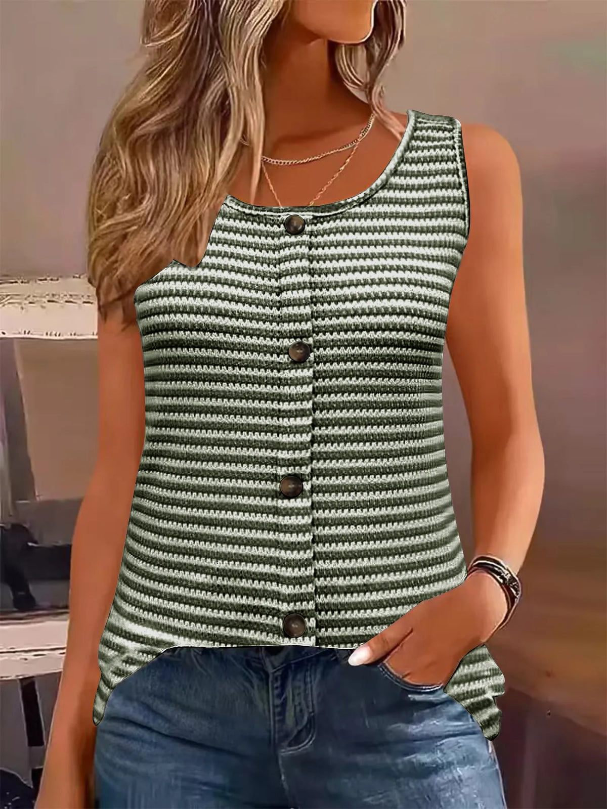 Striped Button Front Knit Tank Top