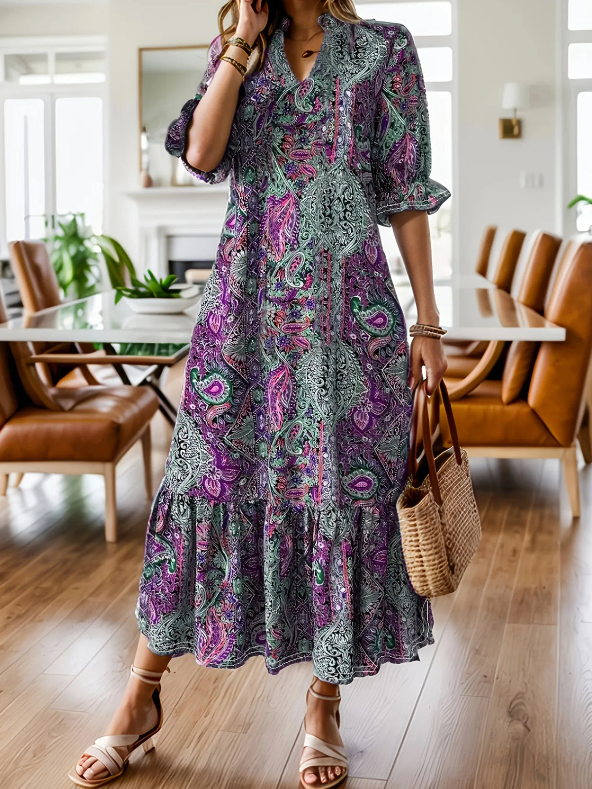 Full Size Bohemian Paisley Print Ruffle Hem Midi Dress Plus (7)