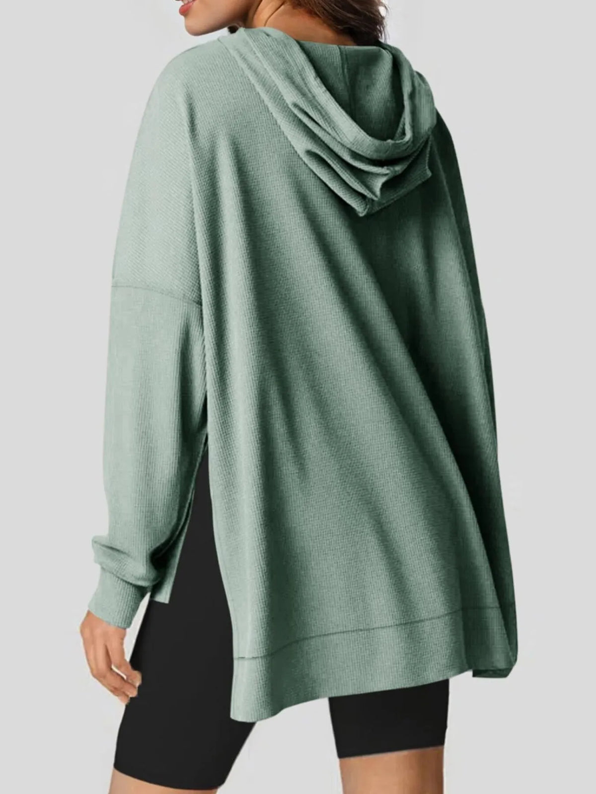 Slit Drawstring Waffle Knit Hoodie (14)
