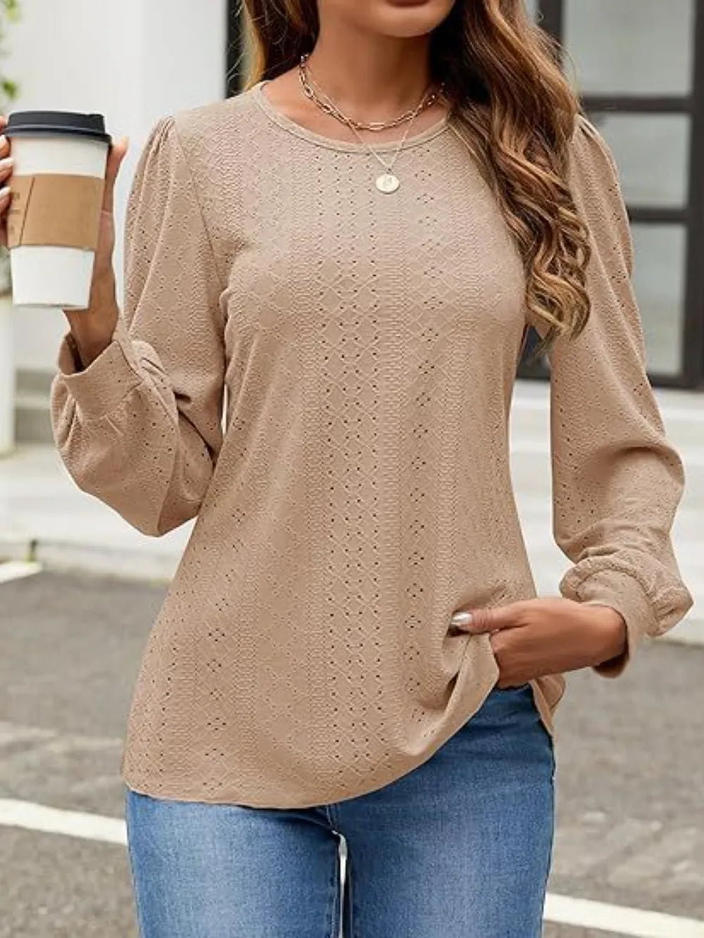 Eyelet Round Neck Long Sleeve Top (4)