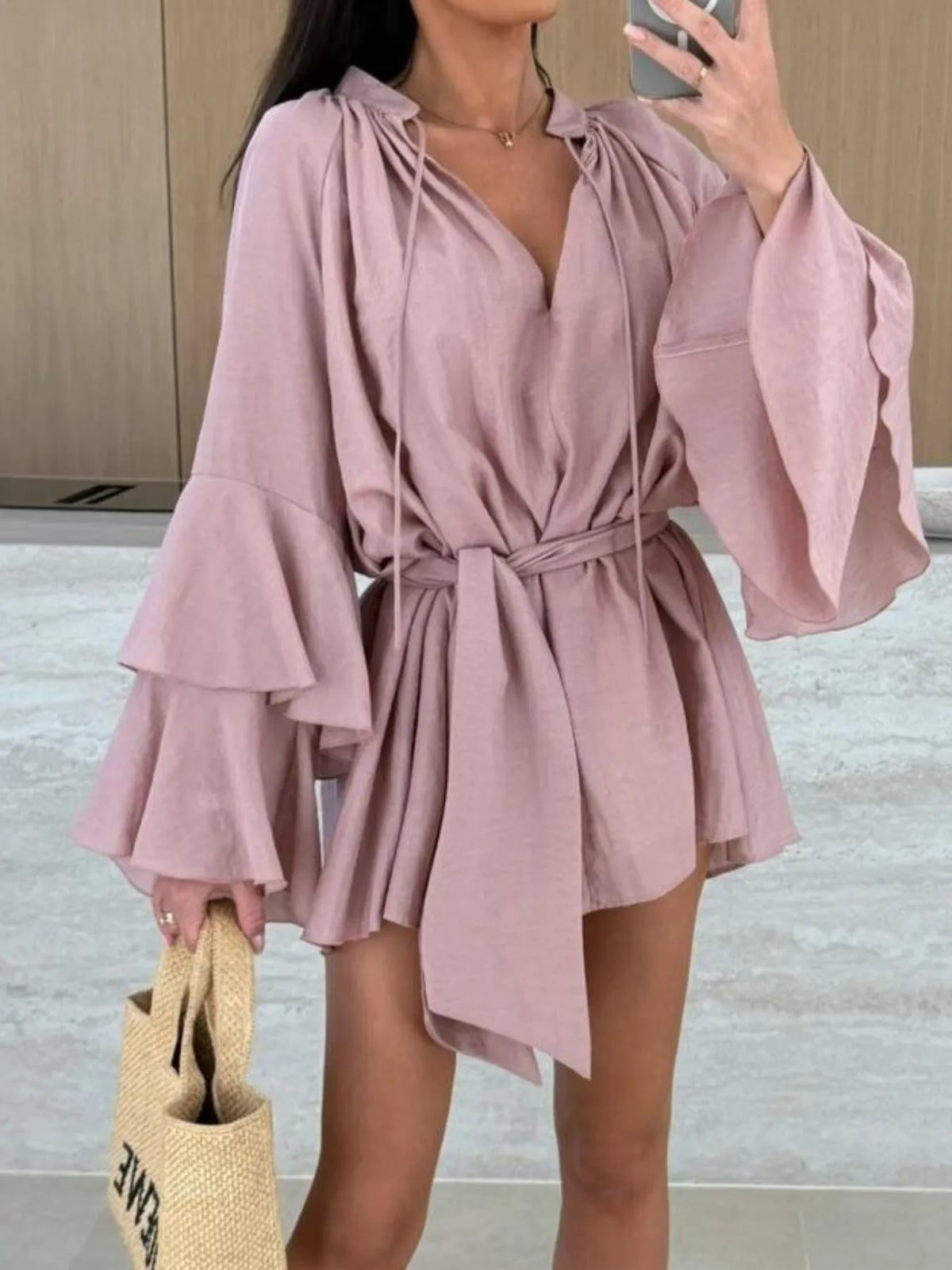 Bell Sleeve Tie Waist Mini Shirt Dress (20)