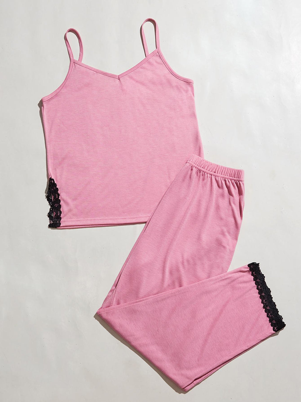 V-neck Lace Trim Slit Cami Pants Pajama Set (14)