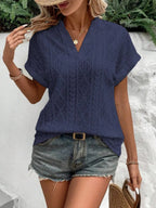 Openwork Notched Short Sleeve Blouse (12)