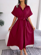 Short Sleeve Collared Tie Belt Dress (2)