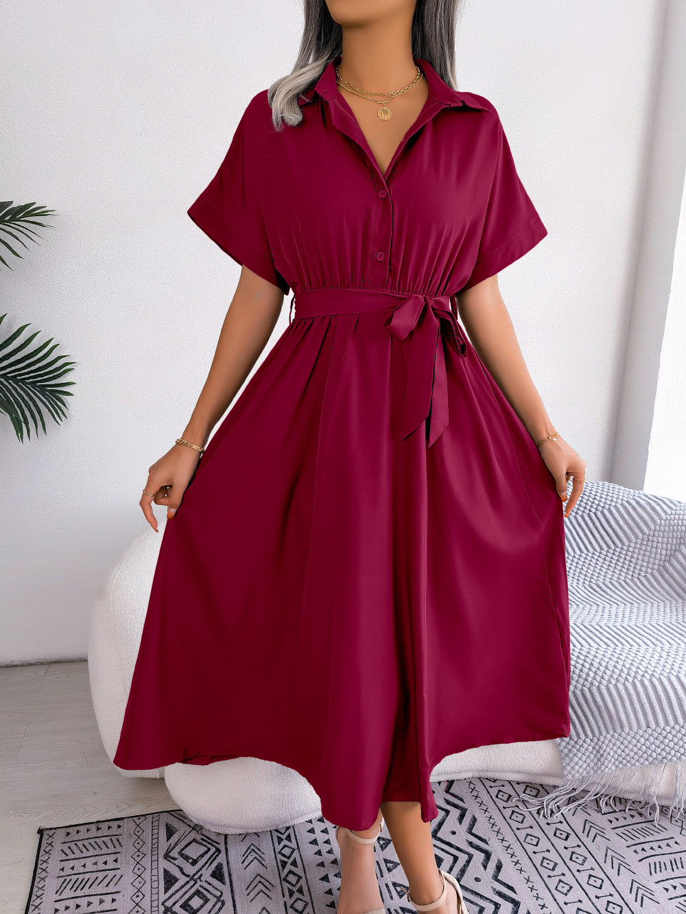 Short Sleeve Collared Tie Belt Dress (2)