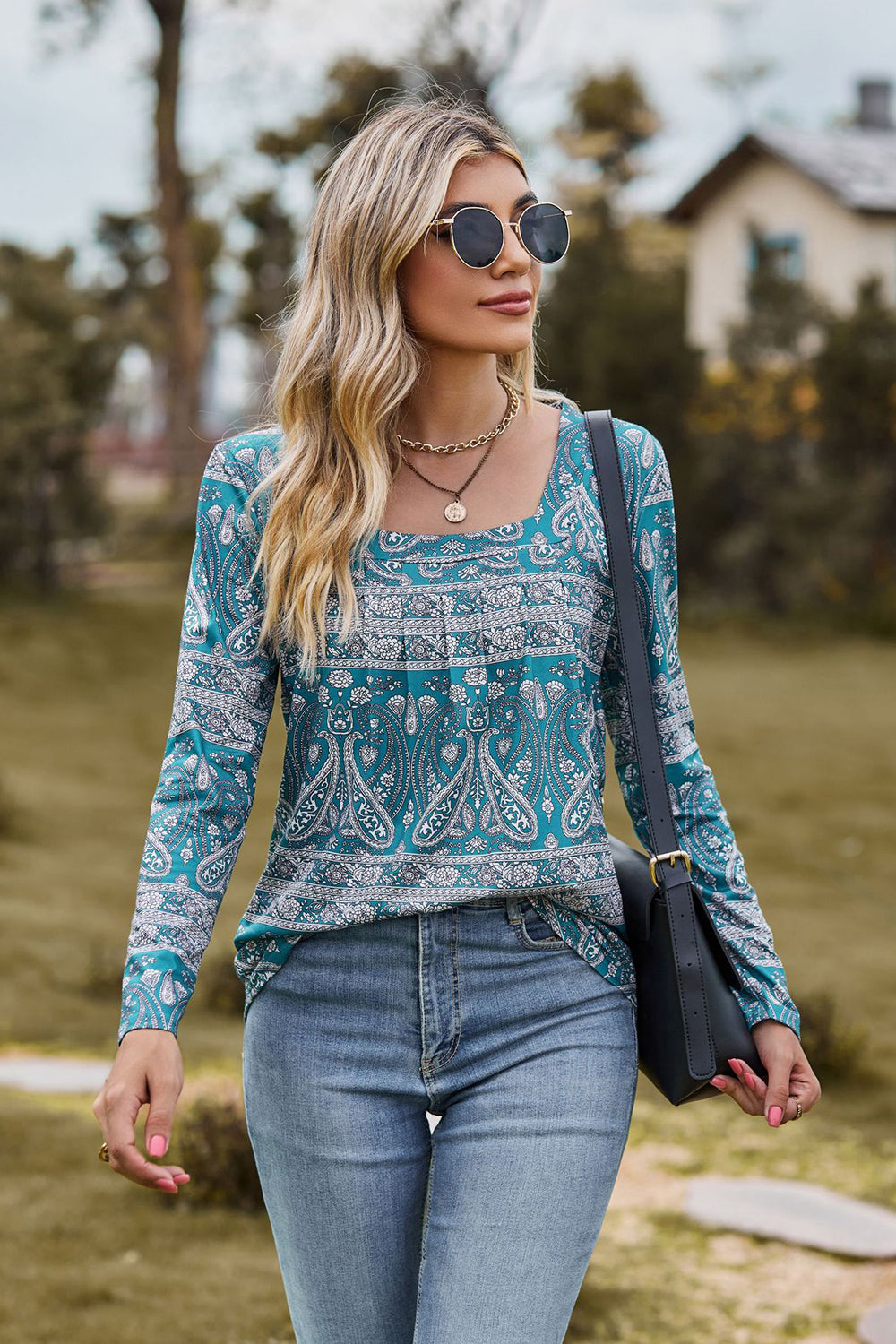 Printed Square Neck Long Sleeve Blouse (3)