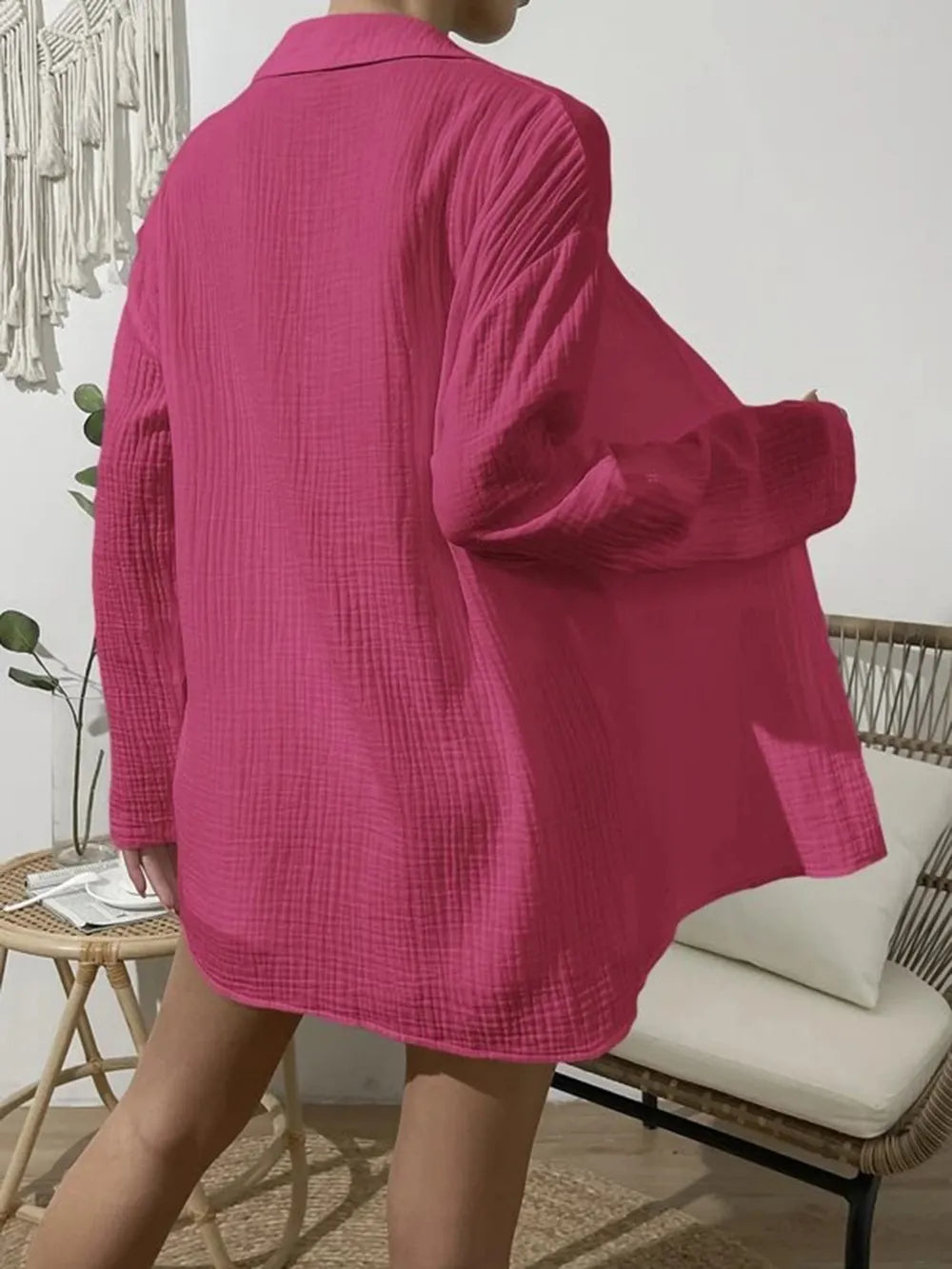 Dropped Shoulder Button Up Top Elastic Waist Shorts Set (13)