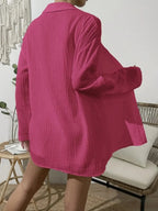 Dropped Shoulder Button Up Top Elastic Waist Shorts Set (13)