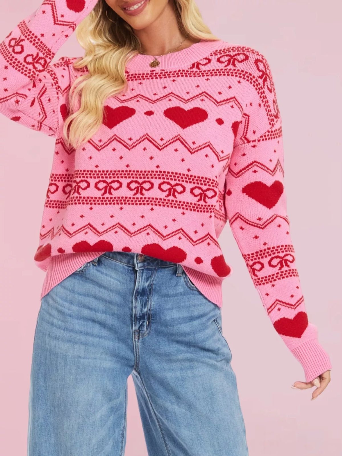 Heart Bow Pattern Round Neck Sweater (6)