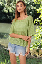 Openwork Round Neck Half Sleeve Knit Top (11)