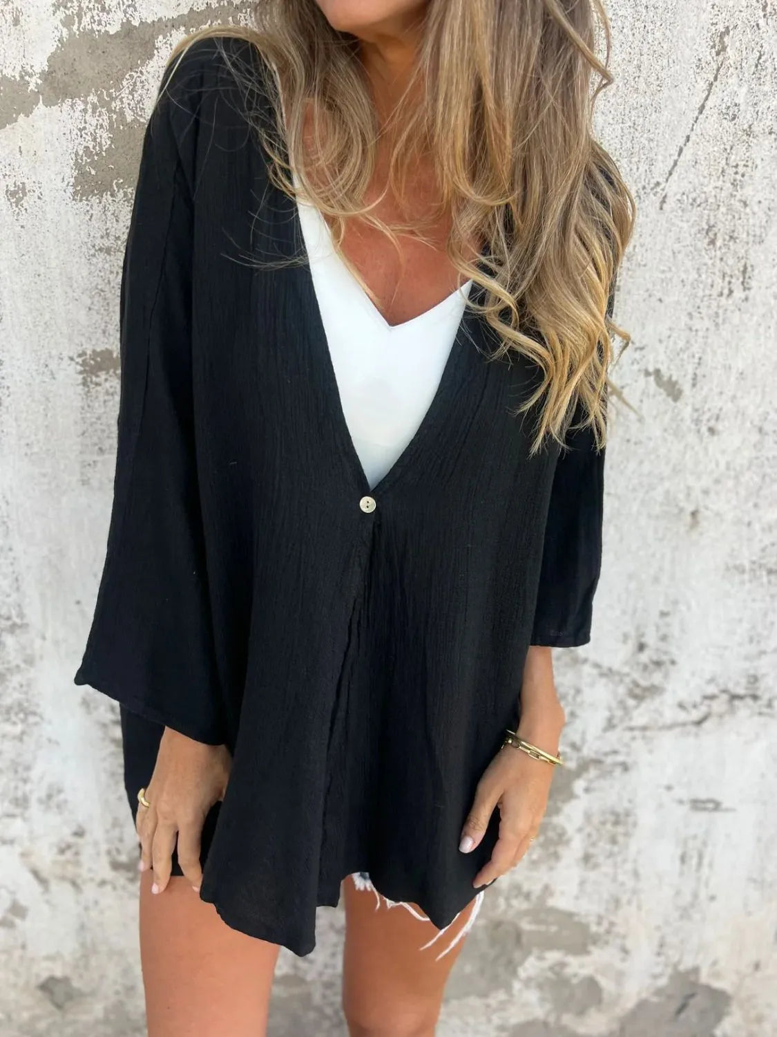 Full Size One Button Long Sleeve Shirt Plus