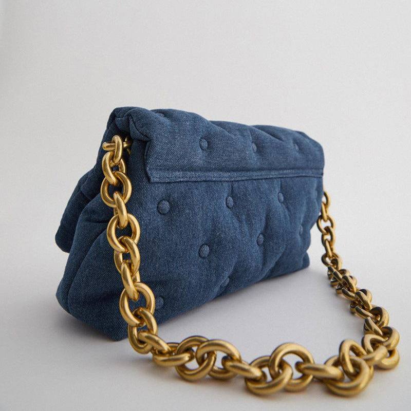 Blue Oversized Denim Quilted Shoulder Messenger Bag Chain photo 1