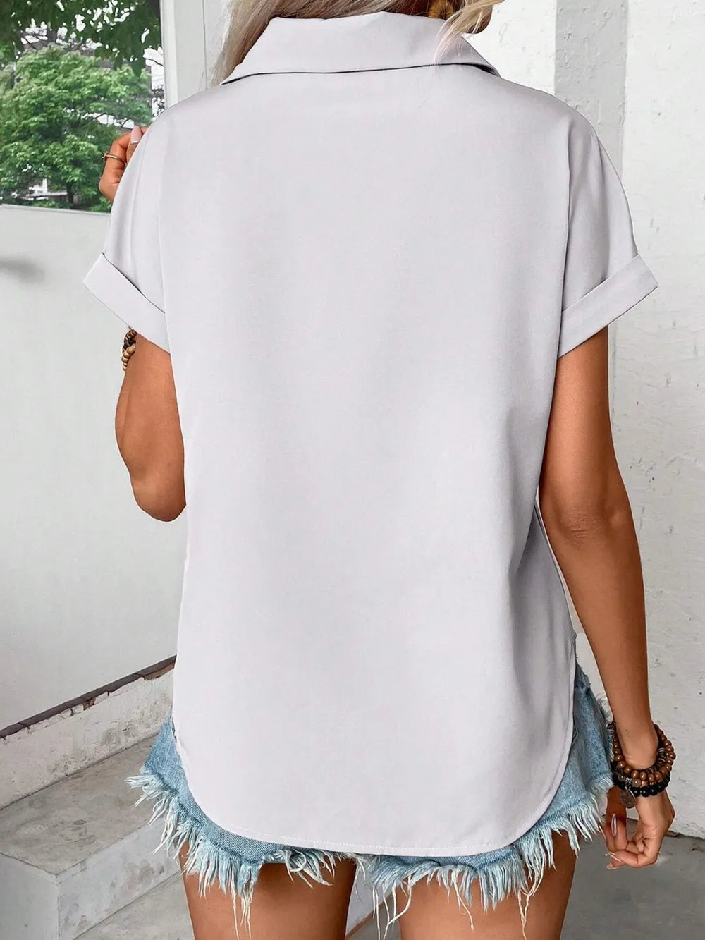 Pleated Detail Collared Neck Short Sleeve Shirt (30)